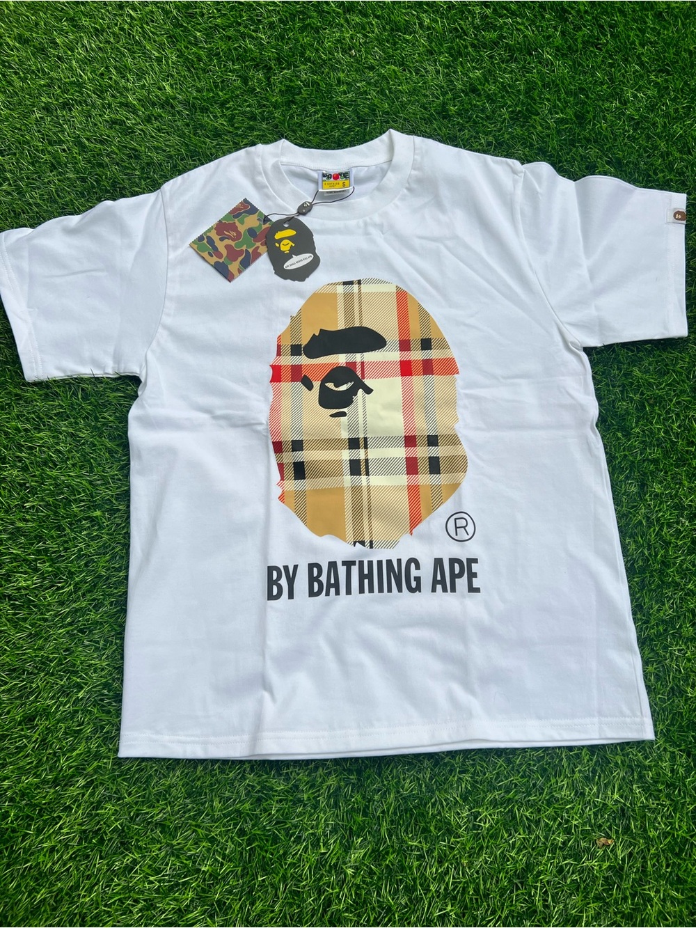 Bape White T-Shirt with Beige Plaid Ape Head